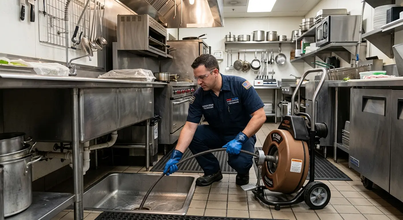 Commercial drain cleaning service in a restaurant kitchen in Laughlin