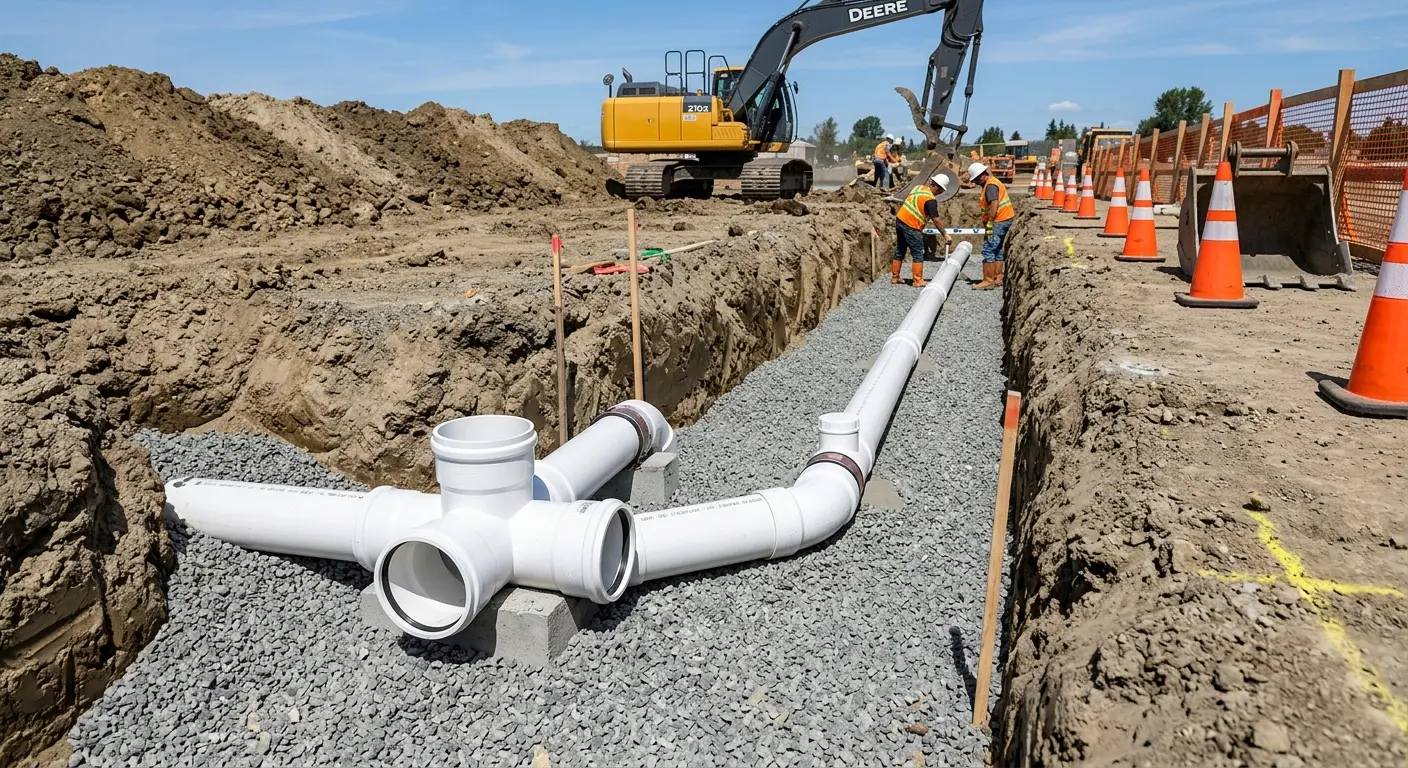New PVC sewer pipe installation in open trench for Grease Trap Cleaning in Laughlin