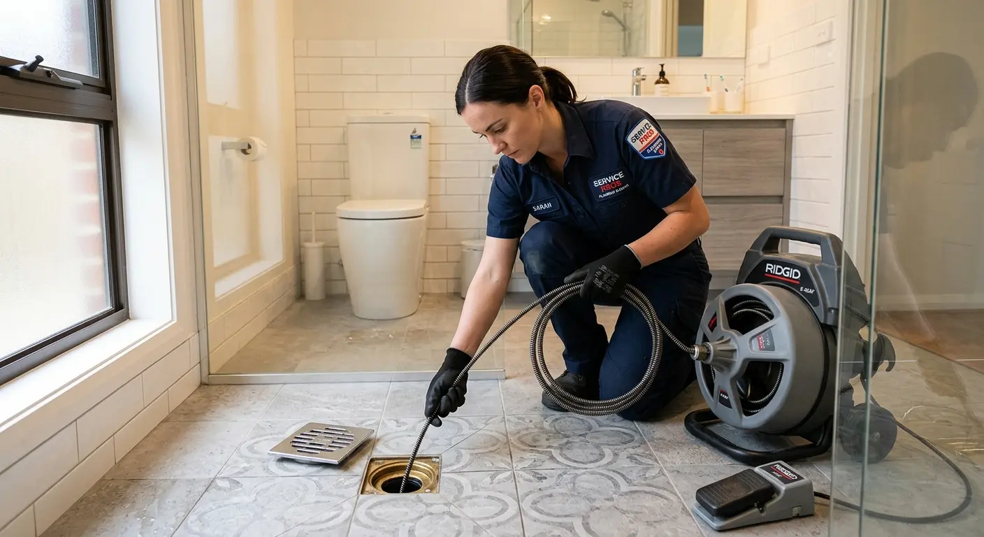 Technician clearing a bathroom floor drain for Sewer Line Installation in Laughlin